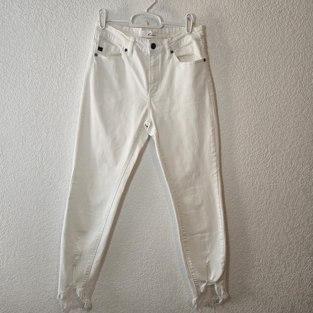 KanCan White Skinny Jeans Women's 7/27 Distressed Raw Hem Stretch Mid Rise